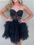 Black Sweetheart Neck Lace Short Prom Dress. Cute Black Homecoming Dress
