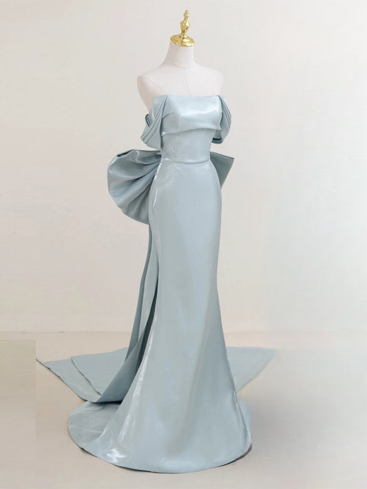 Simple Off Shoulder Satin Blue Long Prom Dress, Blue Long Formal Dress