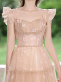 A-Line Tulle Lace Tea Length Pink Prom Dress, Pink Long Formal Dress