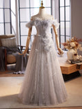 A-Line Off Shoulder Flower Tulle Gray Long Prom Dress, Gray Formal Dress