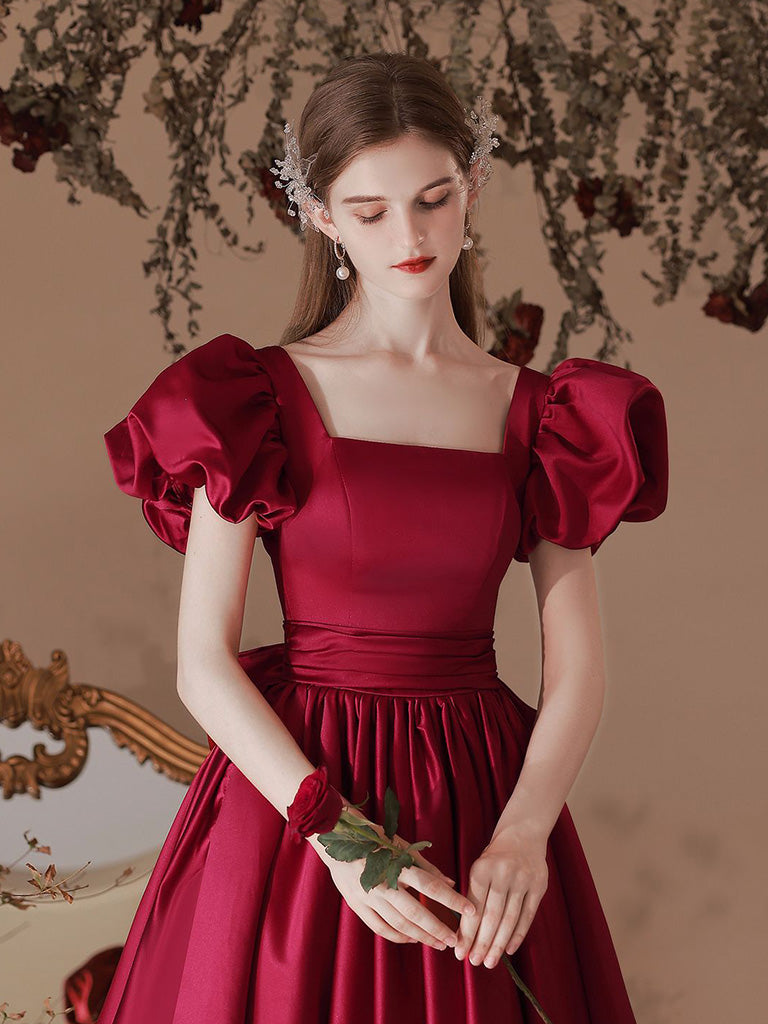 A-Line Satin Tea Length Burgundy Prom Dress, Burgundy Formal Dress A-Line Satin Tea Length Burgundy Prom Dress, Burgundy Formal Dress
