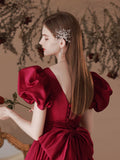 A-Line Satin Tea Length Burgundy Prom Dress, Burgundy Formal Dress