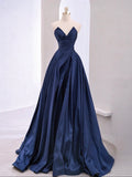 A-Line V Neck Satin Dark Blue Long Prom Dress, Dark Blue Long Evening Dress