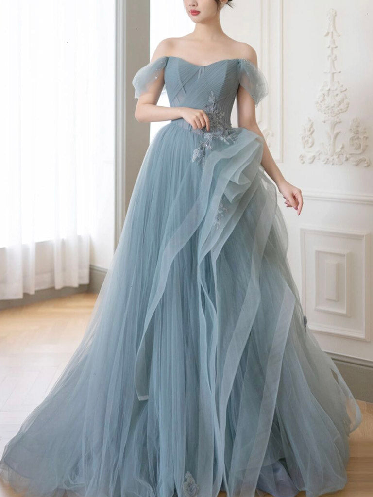 Gray Blue A-Line Lace Long Prom Dress, Gray Blue Formal Evening Dress
