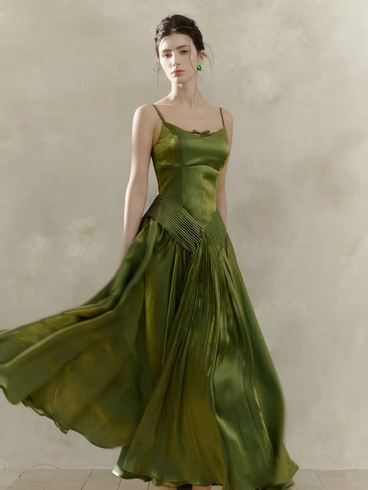 A-line V Neck Silk Tea Length Green Prom Dress, Green Formal Dress
