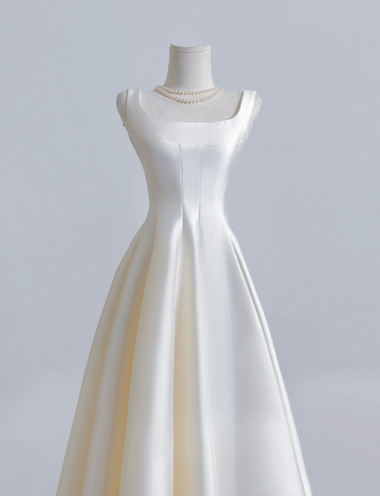 A-Line Satin Light Champagne Long Prom Dress, Light Champagne Evening Dress