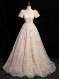 A-Line Puff sleeves Tulle Lace Champagne Pink Long Prom Dress, Champagne Pink Evening Dress