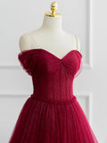 A-line Sweetheart Neck Tulle Burgundy Long Prom Dress, Off Shoulder Burgundy Formal Dress
