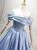 A-Line Off Shoulder Satin Blue Long Prom Dress, Blue Long Formal Dress
