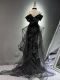 Mermaid Off Shoulder Tulle Sequin Sweep Train Black Prom Dress