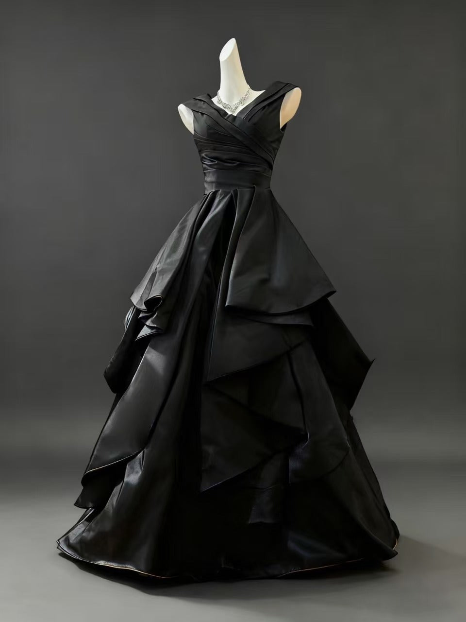 A-line V Neck Satin Floor Length Black Prom Dress
