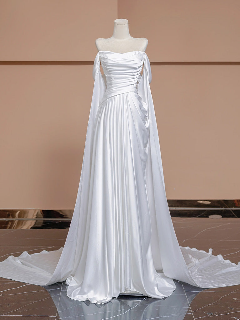 A-Line Satin White Long Prom Dress, White Long Formal Dress
