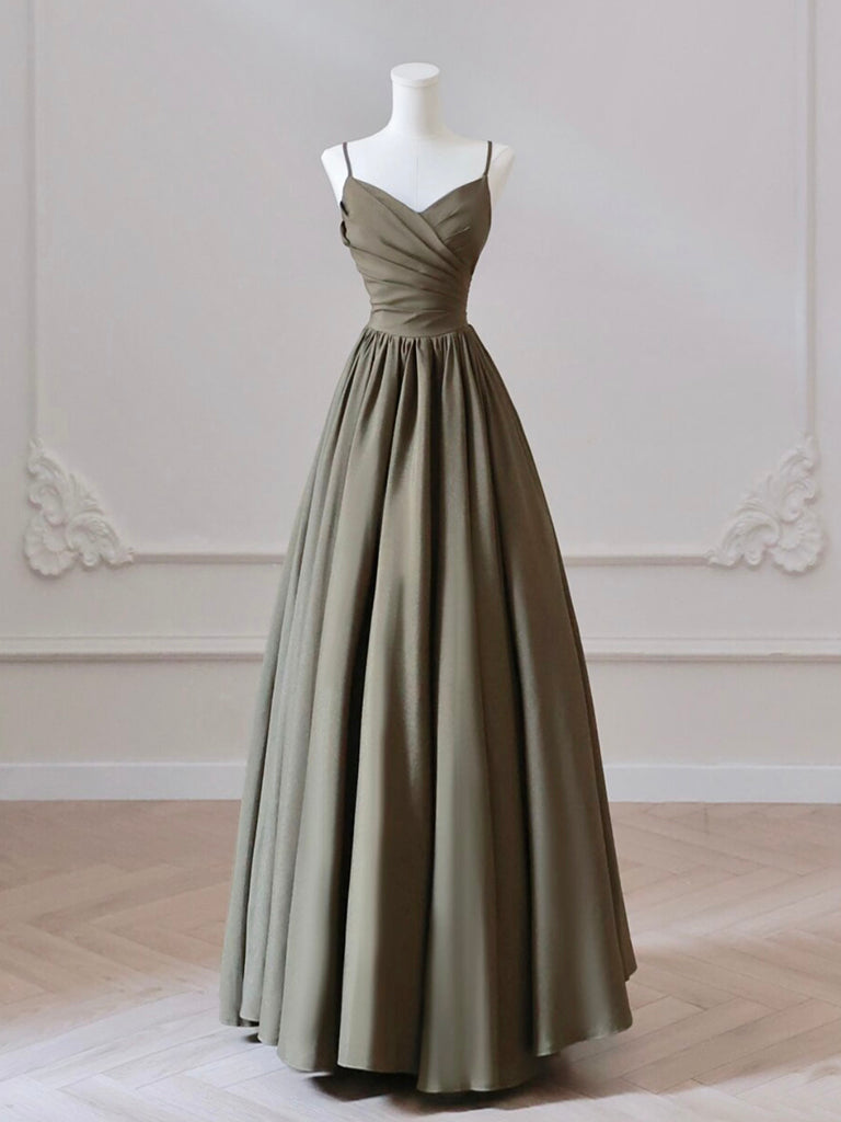 A-Line V Neck Satin Olive Green Long Prom Dress, Long Evening Dress