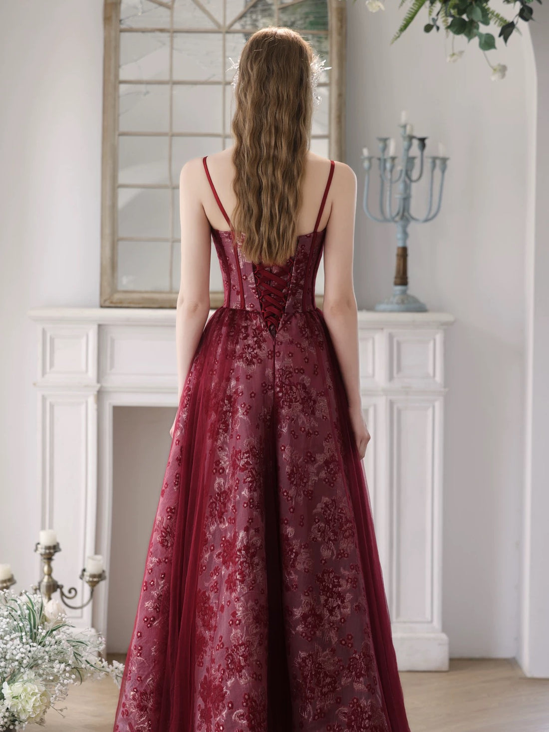 A-Line Sweetheart Neck Tulle Lace Burgundy Long Prom Dress, Burgundy L