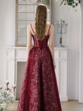 A-Line Sweetheart Neck Tulle Lace Burgundy Long Prom Dress, Burgundy Long Formal Dress