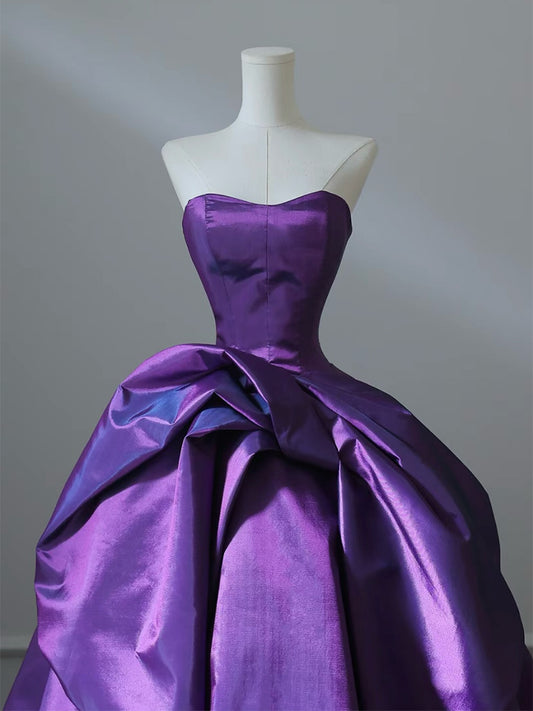 A-Line Sweetheart Neck Satin Purple Long Prom Dress, Satin Purple Long Formal Dress