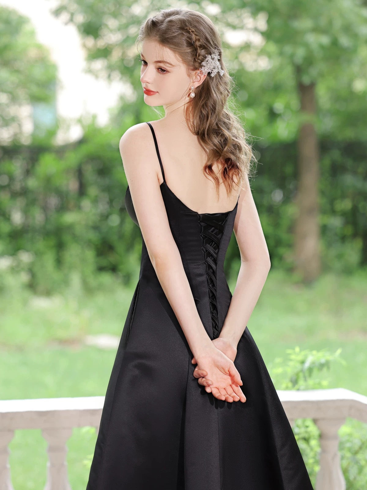 A-Line V  Neck Tea Length Satin Black Prom Dress, Black Formal Dress