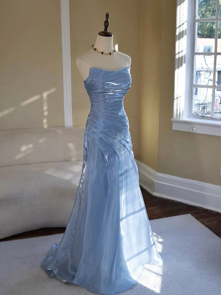 Simple Mermaid Organza Sweep Train Blue Prom Party Dress