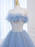 A-Line Blue Tulle Lace Long Prom Dress, Blue Tulle Lace Formal Dress