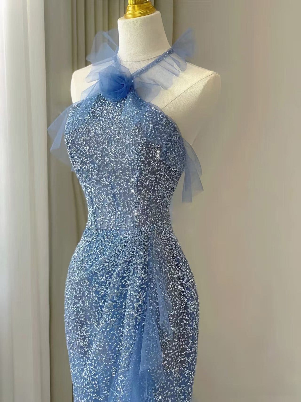Mermaid Tulle Sequin Floor Length Blue Prom Dress, Blue Evening Dress