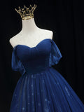 A-Line Off Shoulder Tulle Dark Blue Long Prom Dress, Blue Tulle Formal Dress