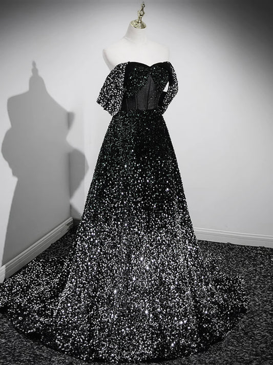 A-Line Sweetheart Neck Black Sequin Long Prom Dress, Black Formal Dress