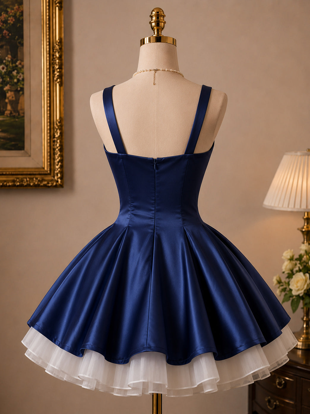 A-line Satin Tulle Mini Short Dark Blue Homecoming Dress