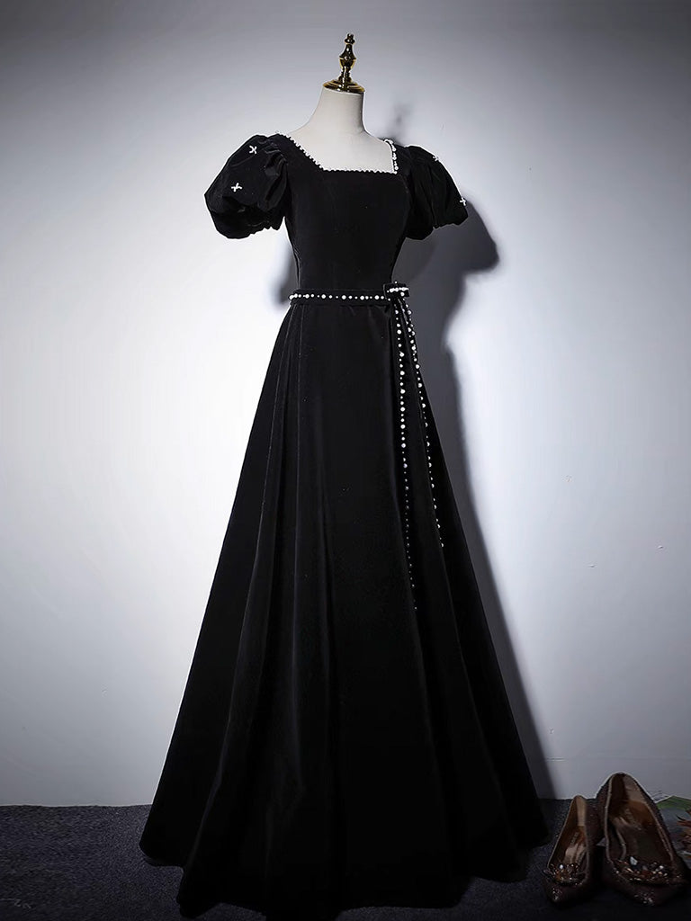 A-Line Velvet Black Long  Prom Dress, Black Long Formal Dress