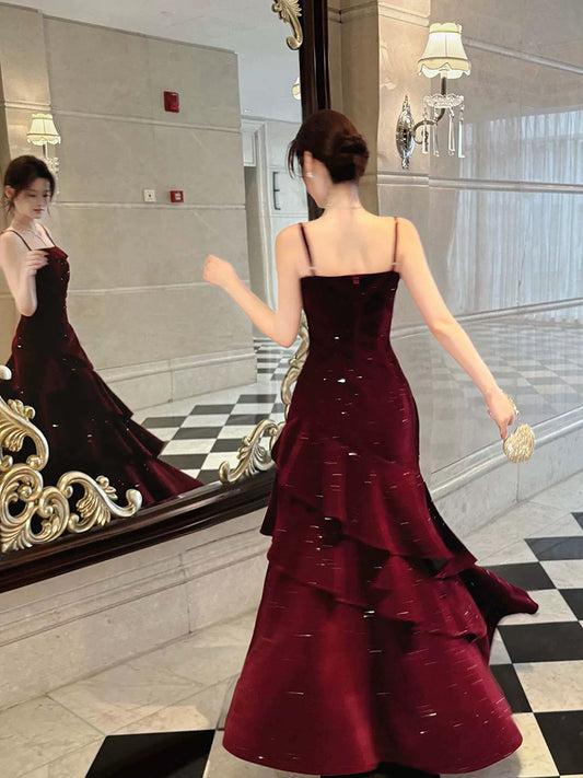 A-Line Floor Length Velvet Ruffles Burgundy Prom Dress