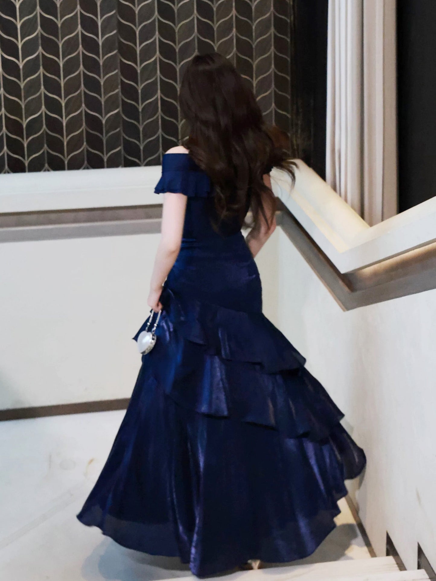 A-line Off Shoulder Off Shoulder Floor Length Dark Blue Prom Dress