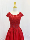 A-Line Scoop Neckline Satin Lace Burgundy Long Prom Dress, Burgundy Lace Long Formal Dress