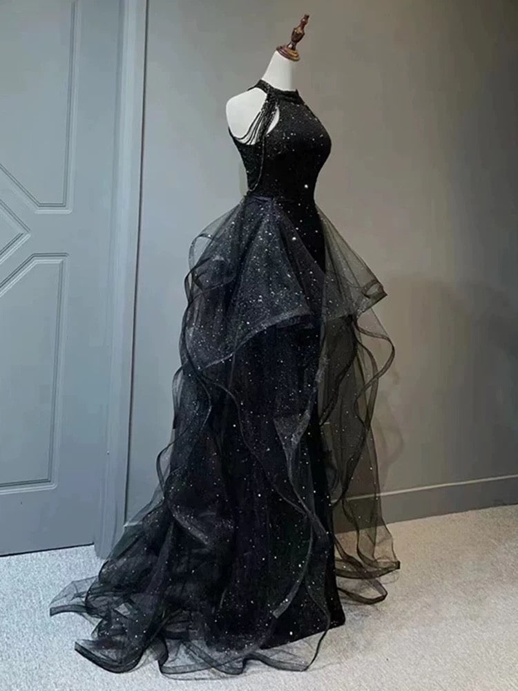 A-Line High Neck Tulle Sequin Black Long Prom Dress, Black Evening Dre