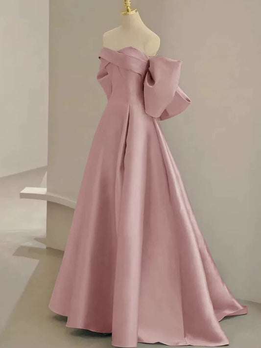 A-Line Sweetheart Neck Satin Pink Long Prom Dress, Pink Long Formal Dress