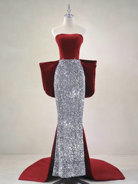 Mermaid Velvet Sequin Sweep Train Burgundy Prom Dress