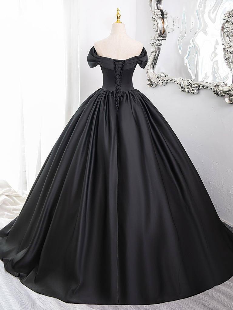 A-Line V Neck Off Shoulder Satin Black Long Prom Dress, Black Long Formal Dress