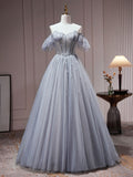 A-Line Gray Blue Tulle Sequin Beading Long Prom Dress, Gray Blue Evening Dress