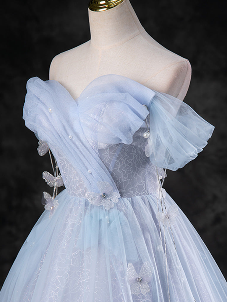 A-Line Sweetheart Neck Off Shoulder Tulle Gray Blue Long Prom Dress, Blue Formal Dress