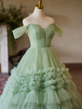 A-Line Off Shoulder Tulle Green Long Prom Dress, Green Long Sweet 16 Dress