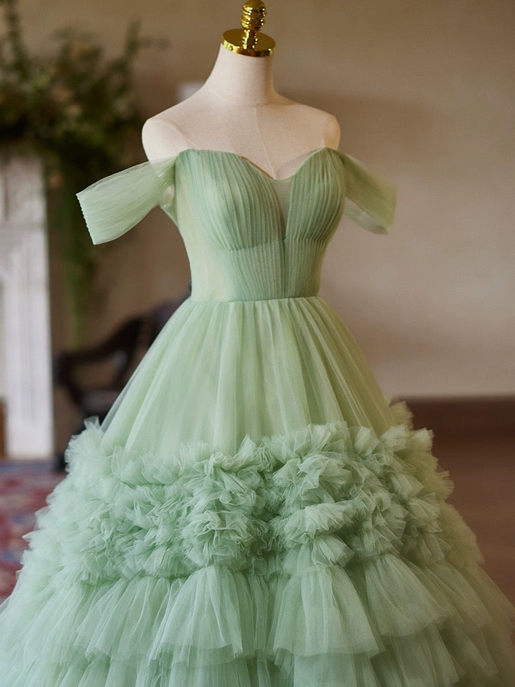 A-Line Off Shoulder Tulle Green Long Prom Dress, Green Long Sweet 16 Dress