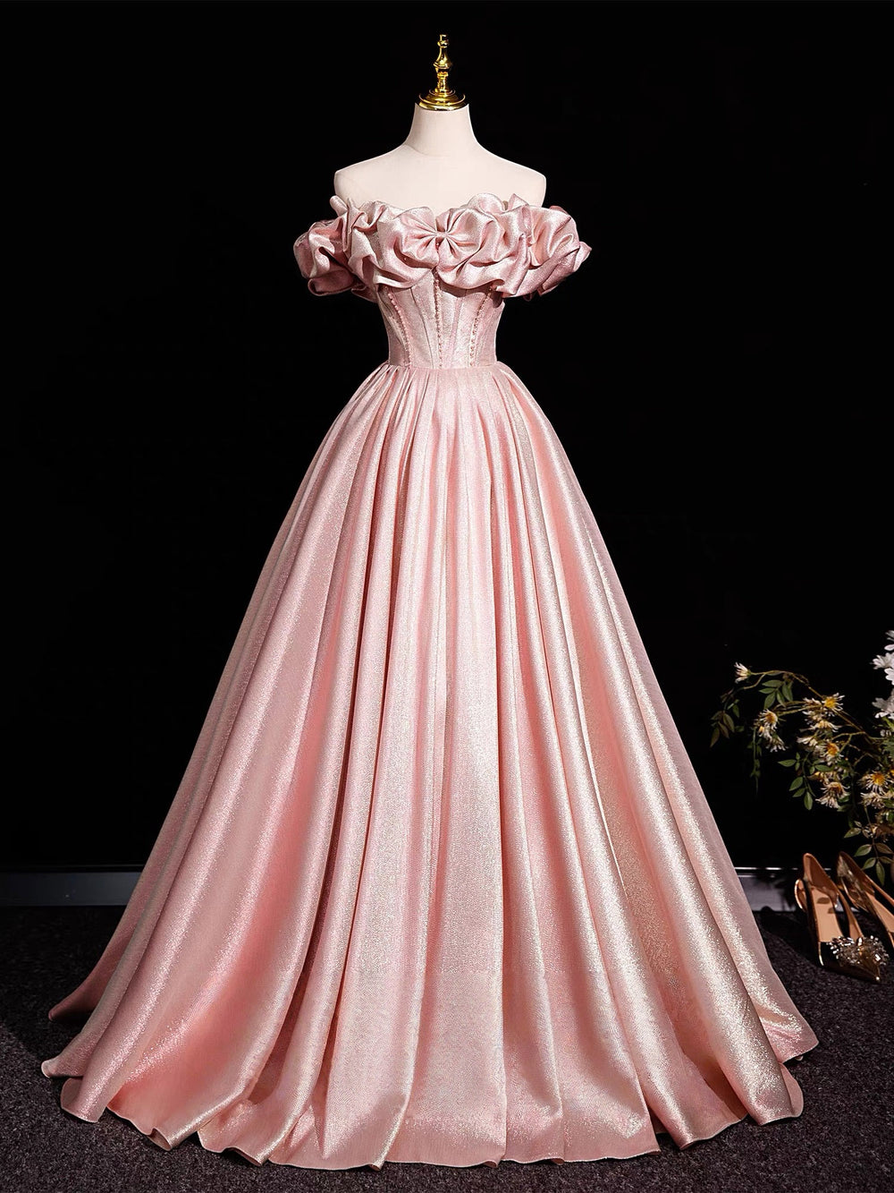 A-Line Off Shoulder Satin Pink Long Prom Dress, Pink Long Formal Dress