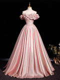 A-Line Off Shoulder Satin Pink Long Prom Dress, Pink Long Formal Dress