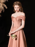 A-Line Off Shoulder Satin Pink Long Prom Dress, Pink Long Formal Dress