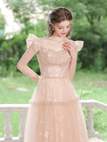 A-Line Tulle Lace Tea Length Pink Prom Dress, Pink Long Formal Dress