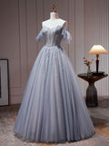 A-Line Gray Blue Tulle Sequin Beading Long Prom Dress, Gray Blue Evening Dress