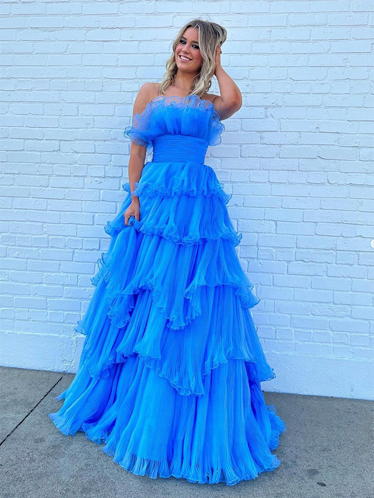 Blue A-Line Tulle Long Prom Dress, Blue Formal Dress