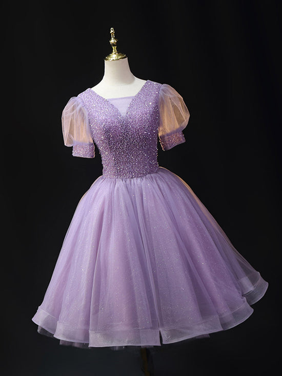 Purple Sheath V-neck Short Prom Dress, Homecoming Gown UQH0217