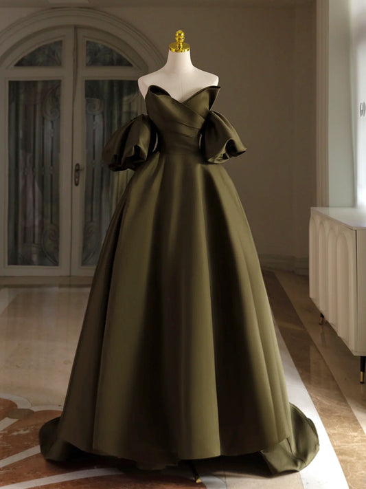 A-Line Puff Sleeves Olive Green Satin Long Prom Dress, Olive Green Long Evening Dress