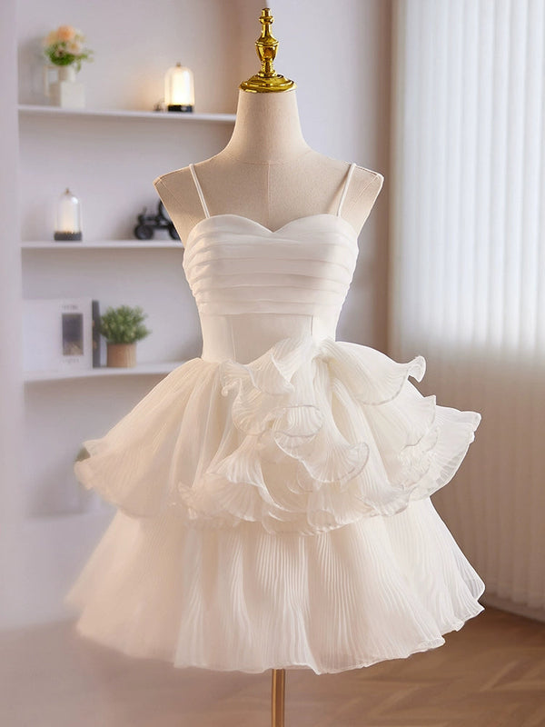 Cute Sweetheart Neck Organza White Short Prom Dress, Cute Homecoming D