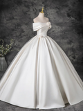 A-Line Off Shoulder Satin ivory Long Prom Dress, ivory Evening Dress