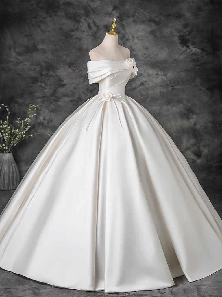A-Line Off Shoulder Satin ivory Long Prom Dress, ivory Evening Dress